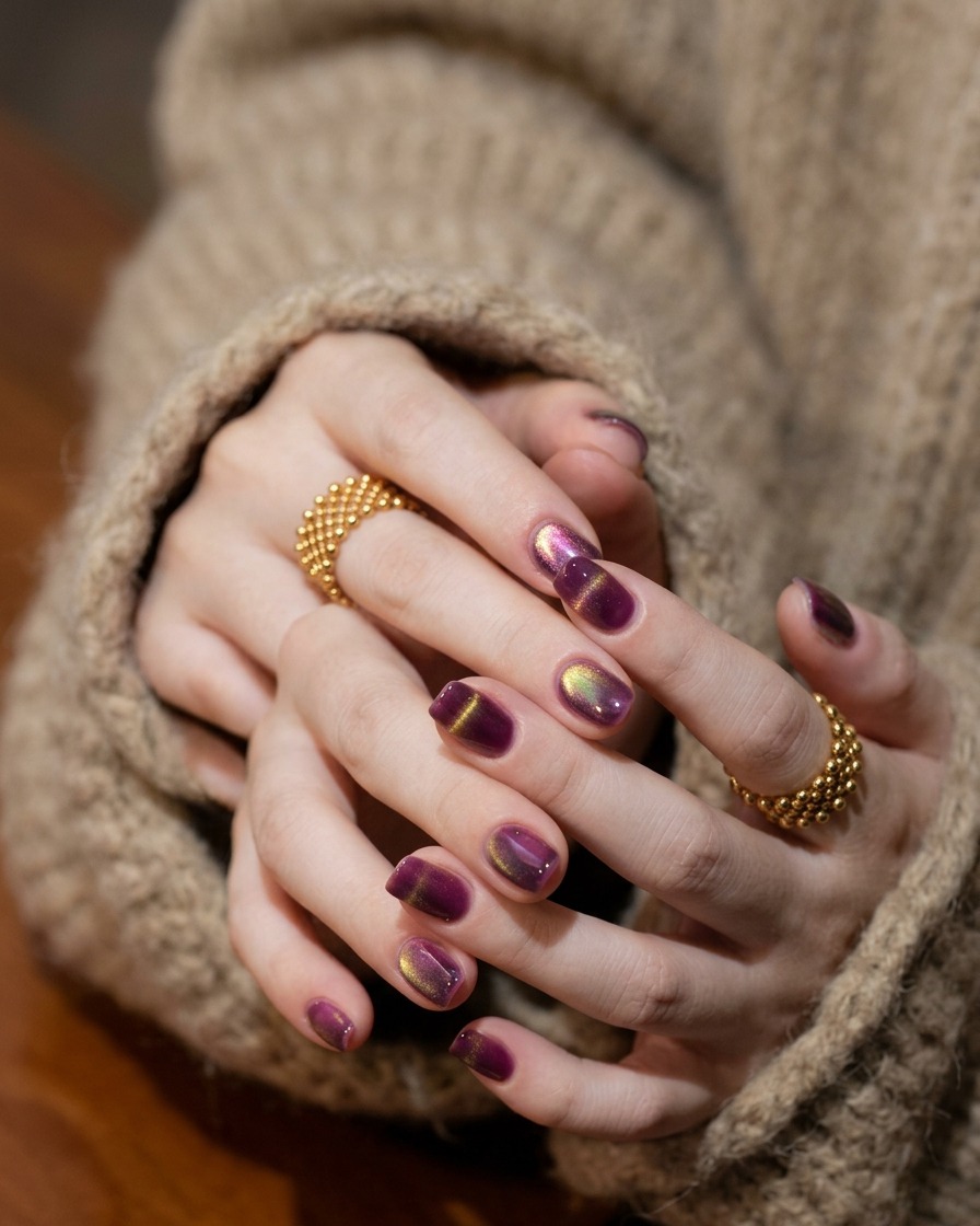 Una mano posicionada bajo una lámpara UV/LED, con el efecto cat-eye púrpura y dorado visible en las uñas.