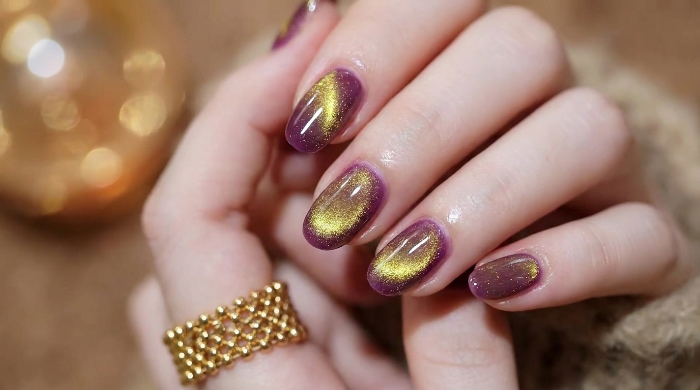 Uñas Cat-Eye Degradadas en Púrpura y Dorado — Tutorial Profesional Paso a Paso
