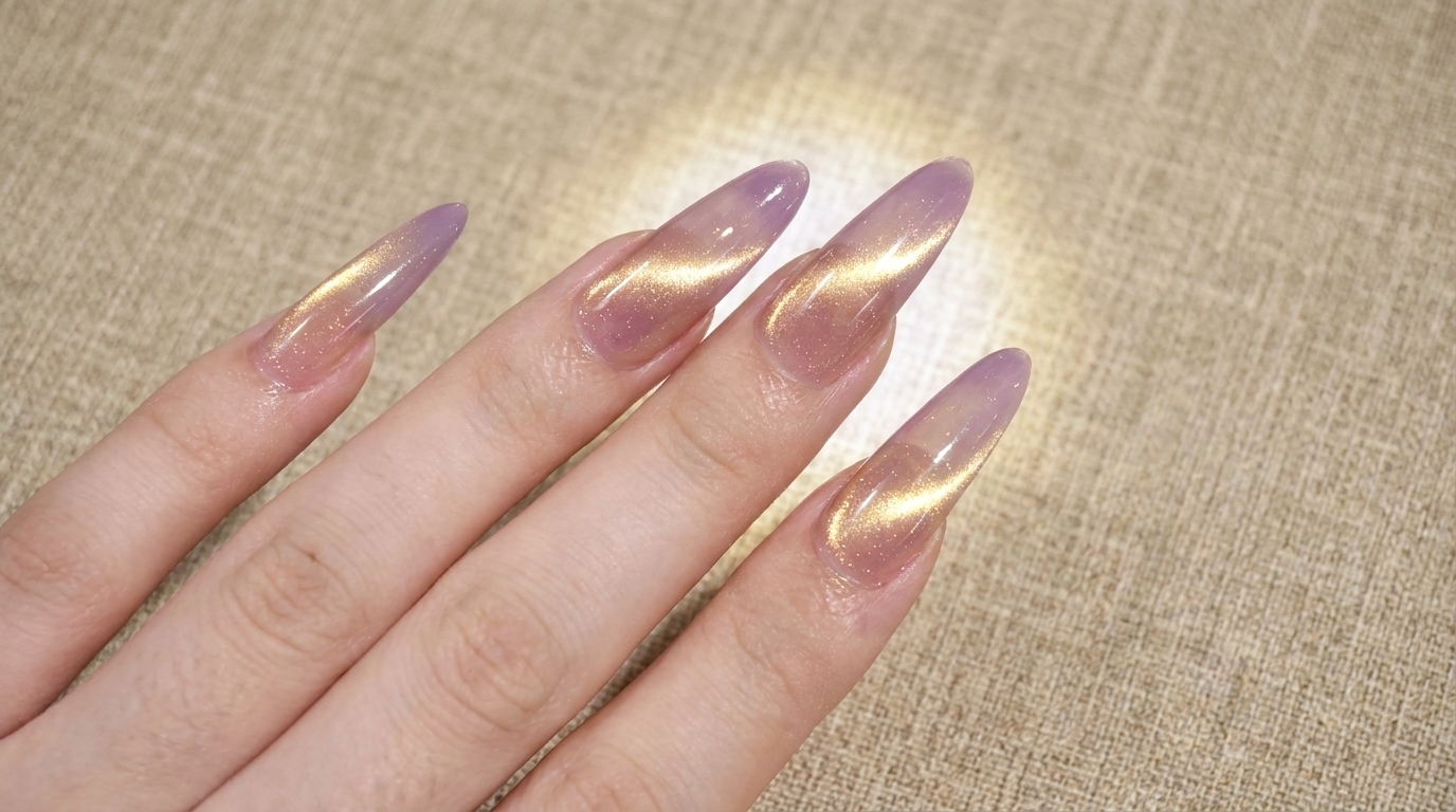 Tutorial de Uñas Ojo de Gato Efecto Cristal con Degradado Morado y Dorado