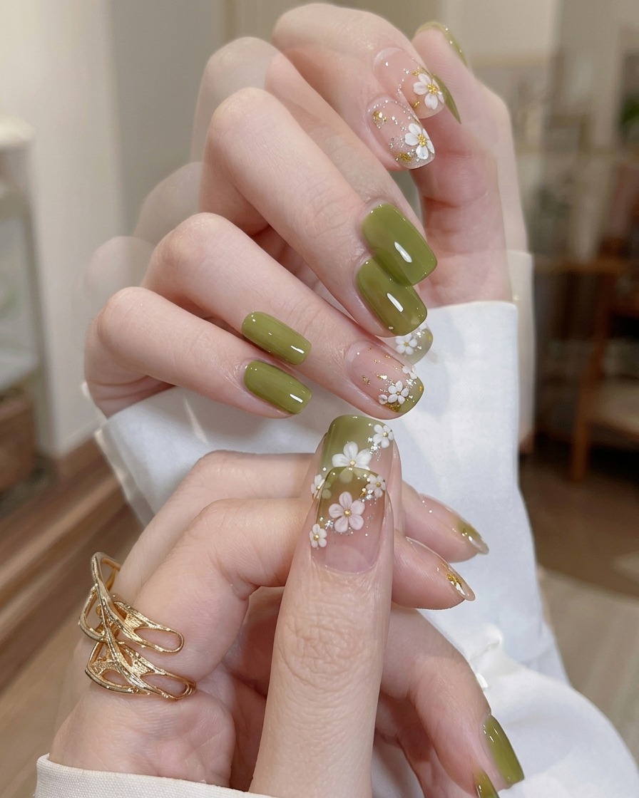 Un pincel aplicando una capa final de top coat brillante y transparente sobre un diseño de uña terminado.