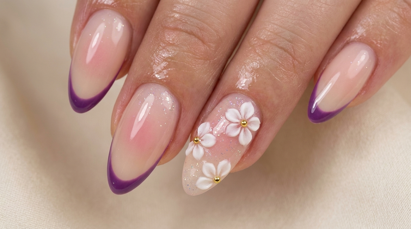 Tutorial de Manicura Francesa con Flores de Cerezo y Brillo