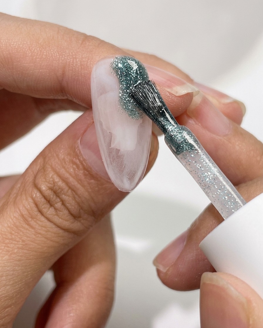 Un pincel aplicando gel con glitter plateado en los espacios vacíos de la uña.