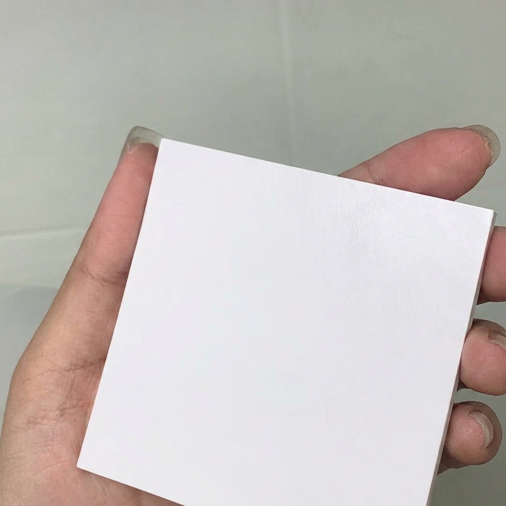 Una mano sosteniendo una hoja de paleta cuadrada, blanca, limpia y no porosa contra un fondo neutro.