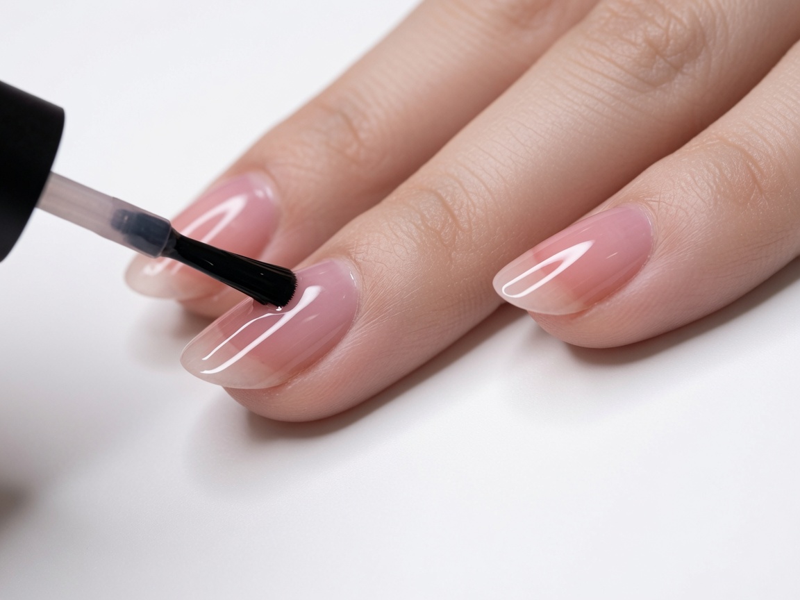 Esmalte rosa jelly siendo aplicado desde la marca de dos tercios hacia la punta del dedo medio.