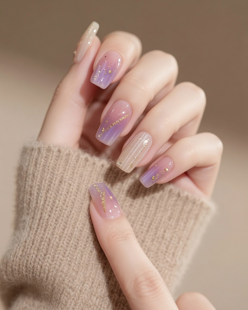 Un pincel de uñas aplicando un esmalte de gel rosa-morado translúcido en el centro de una uña.