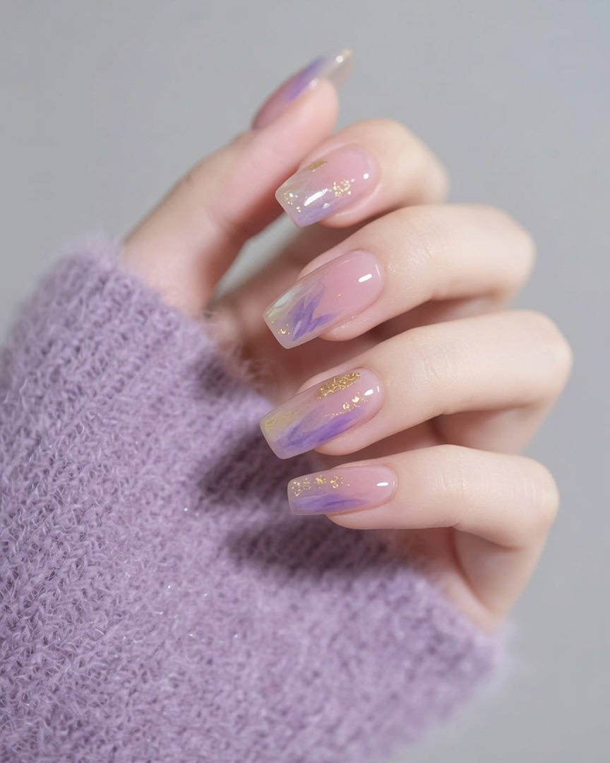 Un pincel aplicando un top coat transparente y brillante sobre un diseño de uñas con degradado morado y detalles dorados.
