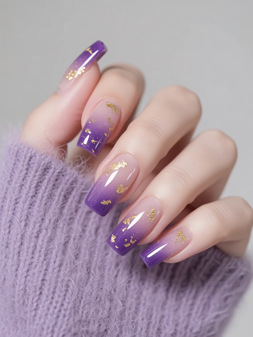 Uñas de gel con degradado morado y detalles en pan de oro: Guía paso a paso