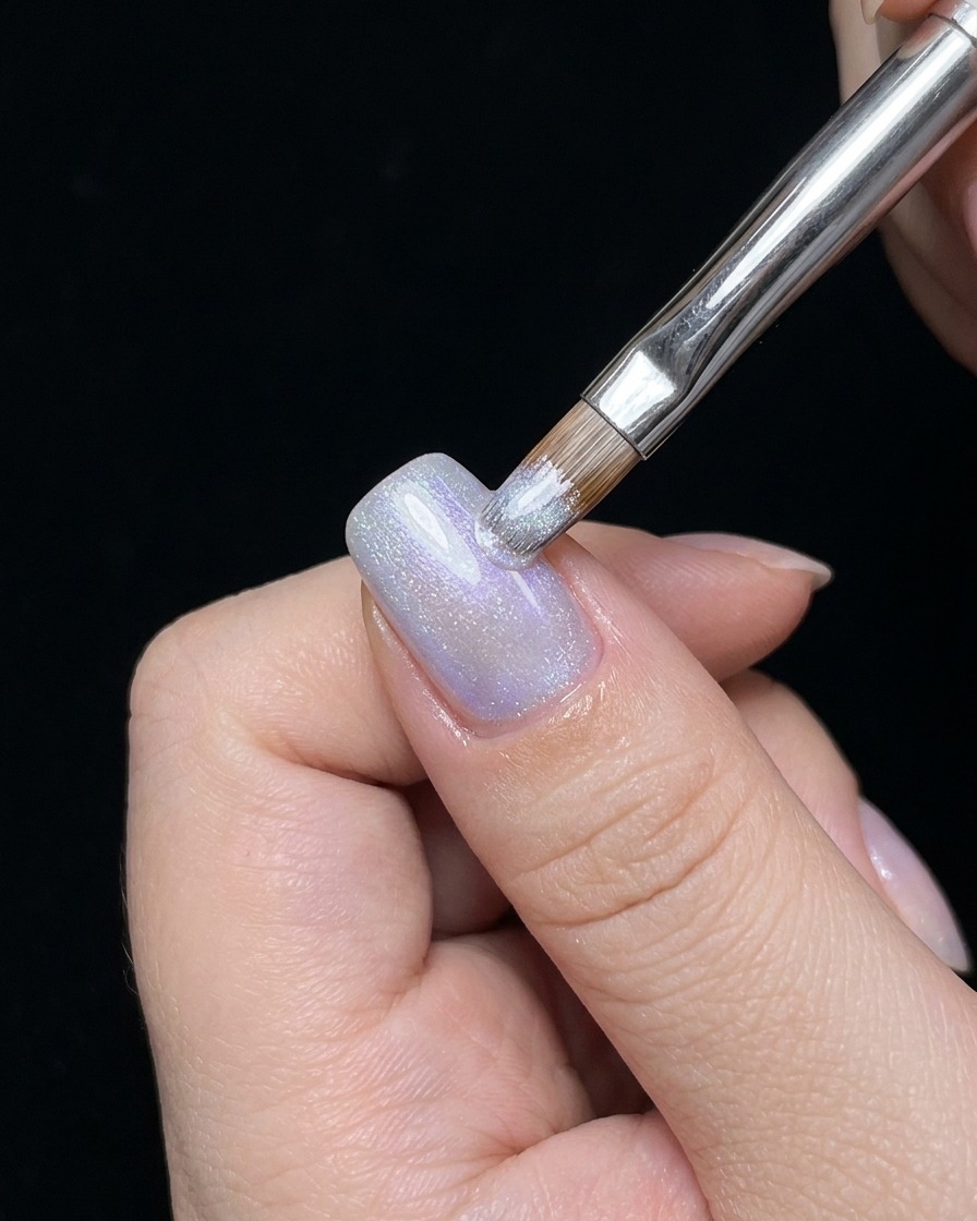 Vista cercana de una mano dentro de una lámpara de uñas UV/LED, con la luz brillando en las uñas para curar el esmalte de gel.