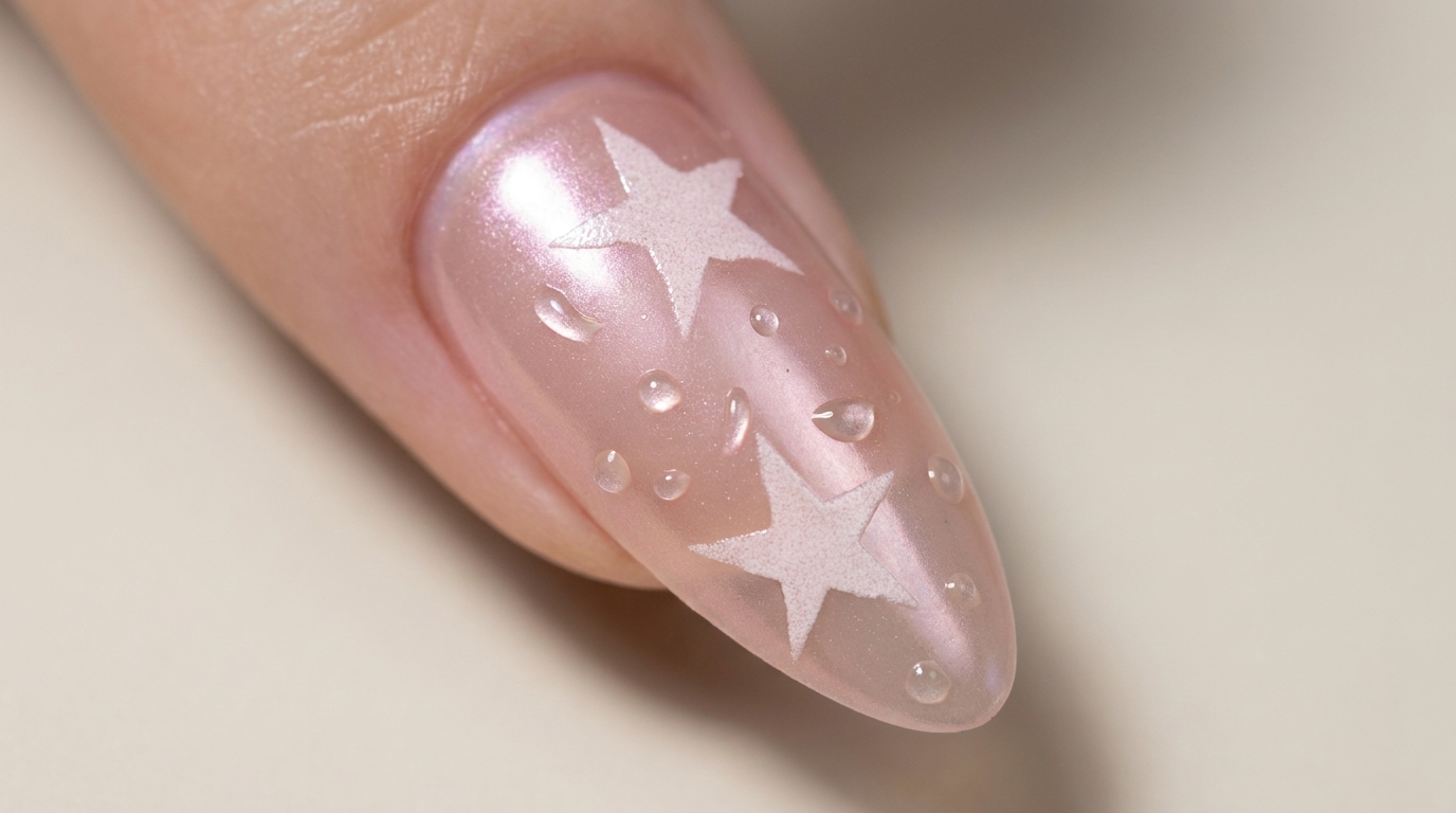 Uñas almendradas con acabado cromado rosa lechoso, decoradas con estrellas blancas y delicados efectos de gotas de agua en 3D.