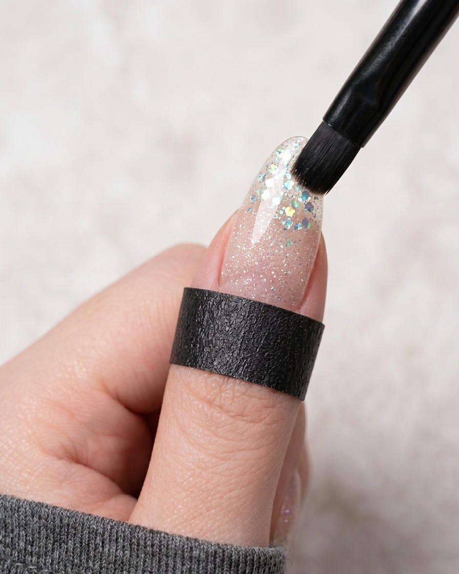 Primer plano de un imán siendo colocado sobre el esmalte cat eye húmedo en una uña.