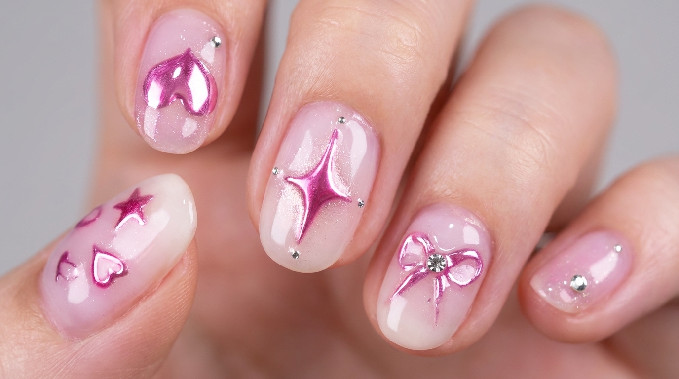 Tutorial de uñas gel con efecto cromo, corazones y estrellas