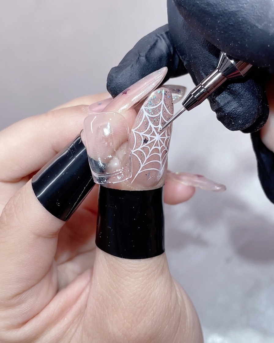 Toma macro de un pincel fino perfeccionando la línea curva y nítida de la sonrisa de una manicura francesa.