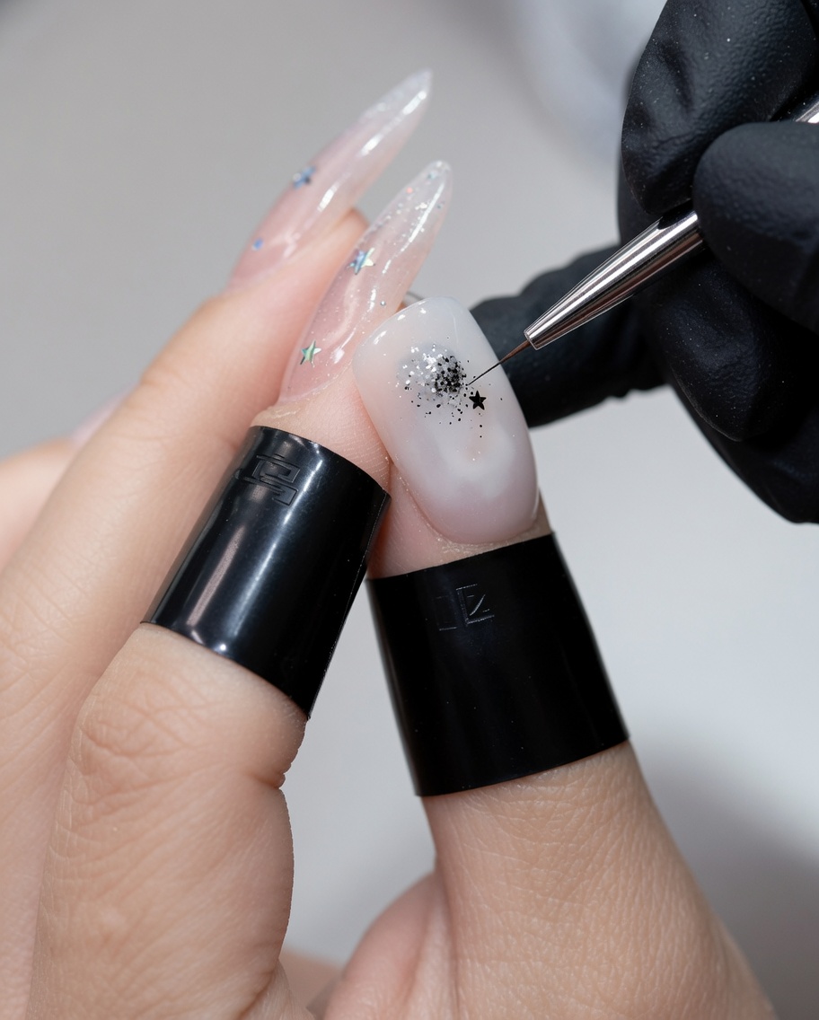 Primer plano de un pincel liner colocando pequeñas lentejuelas plateadas en forma de estrella sobre una uña de gel en tono claro.