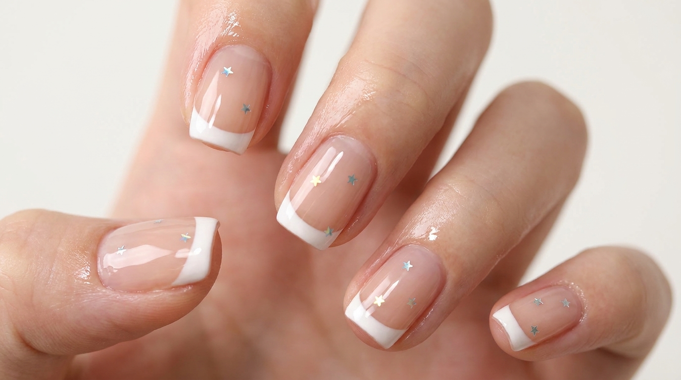 Una sofisticada manicura francesa decorada con pequeñas lentejuelas holográficas de estrellas sobre una base natural en tono nude.