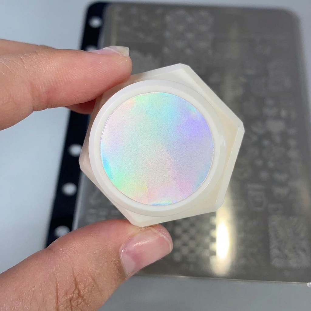 Un pincel aplicando gel blanco sobre un diseño de estrella en una placa de metal.
