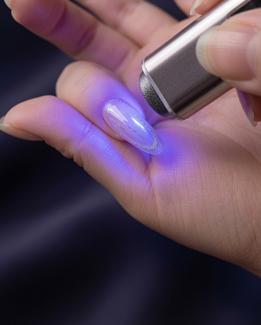 Una lámpara UV manual curando las líneas de gel plateado.