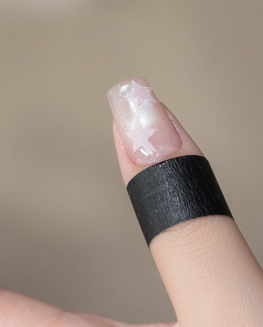 Un dedo colocado bajo una pequeña lámpara LED portátil para curar el producto de uñas.
