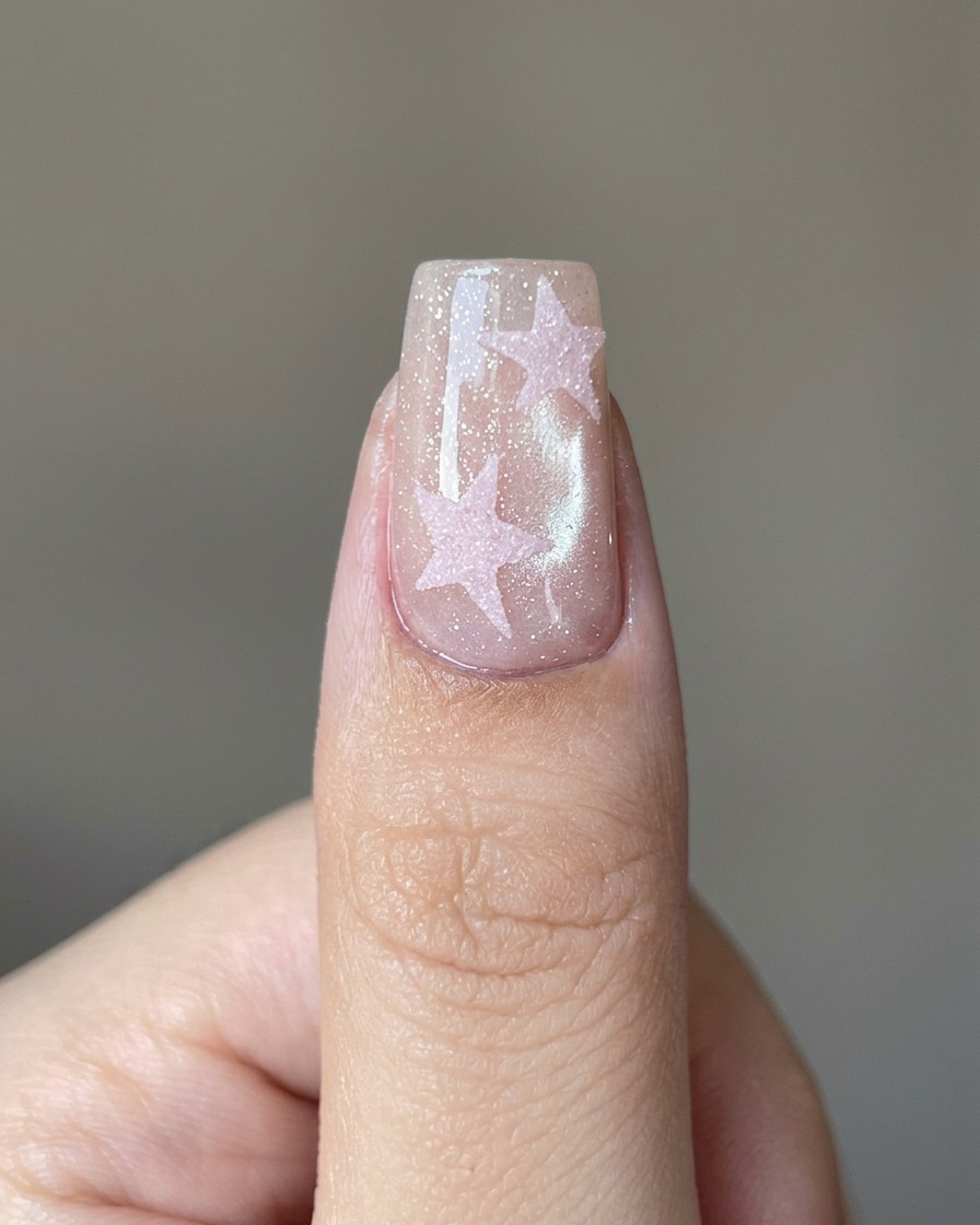 Un pincel aplicando una capa de top coat transparente sobre un diseño de estrella rosa en una uña.