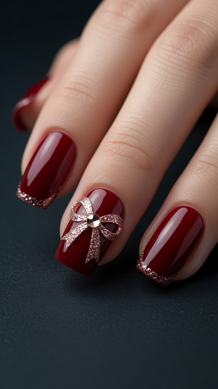 Nail Art de Lazo con Glitter y Base Rojo Oscuro — Manicura Festiva y Elegante