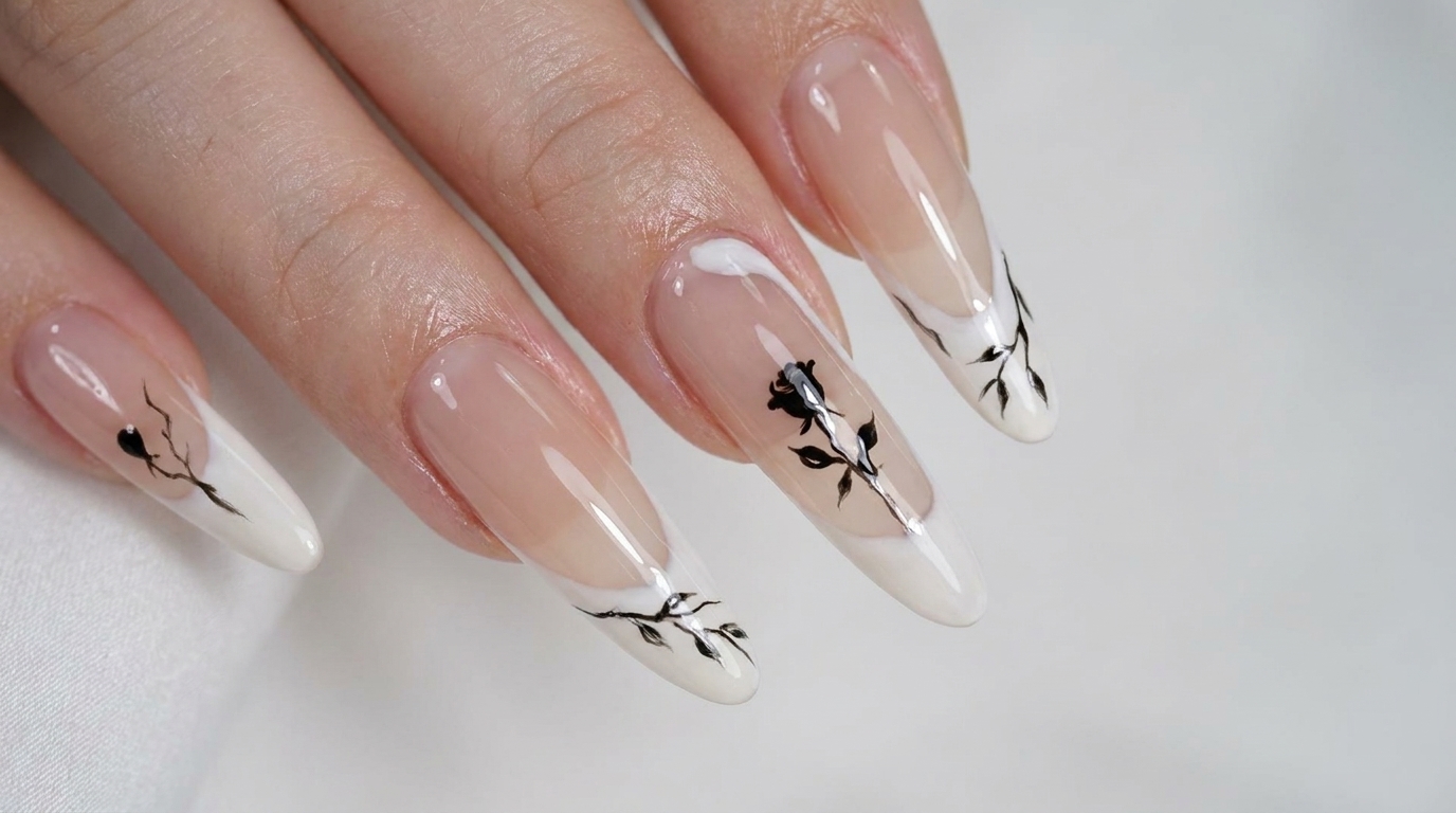 Uñas largas almendradas con base nude, puntas francesas blancas irregulares y arte detallado de rosas negras con ramas.