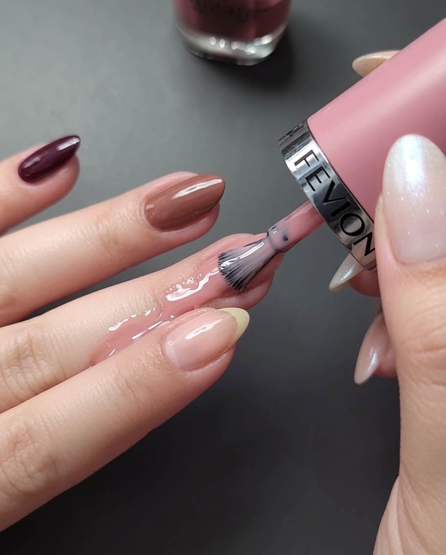 Primer plano de la aplicación de esmalte rosa empolvado en el dedo índice.