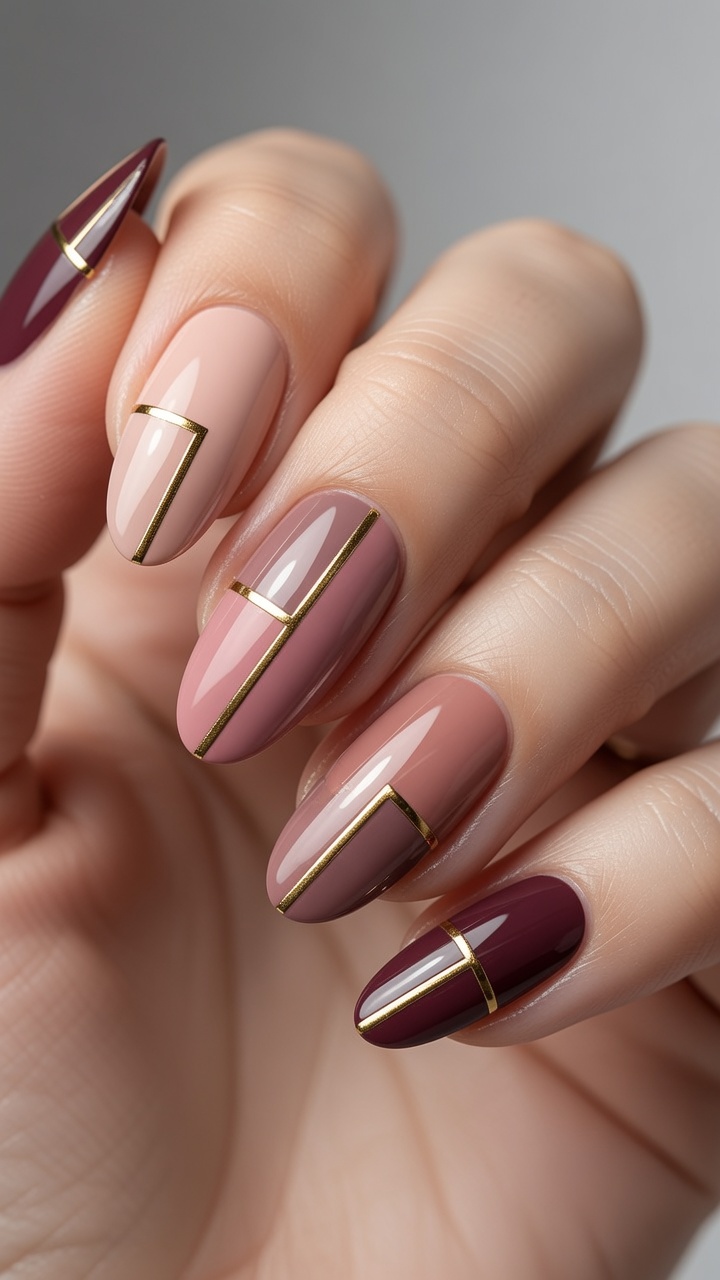 Tutorial de Manicura Geométrica con Bloques de Color y Detalles Dorados