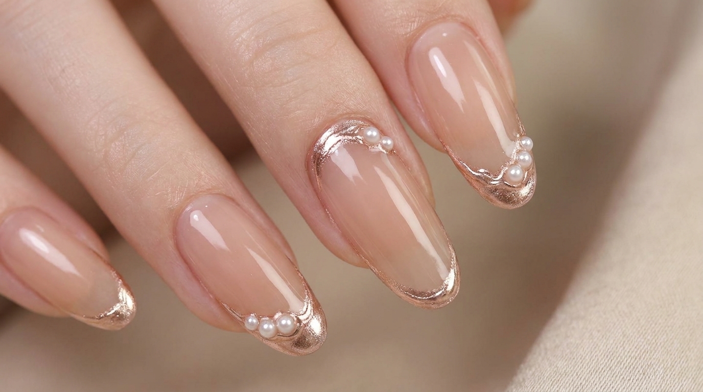 Uñas Espejo Champagne Rose: Tutorial de Detalles con Perlas Elegantes