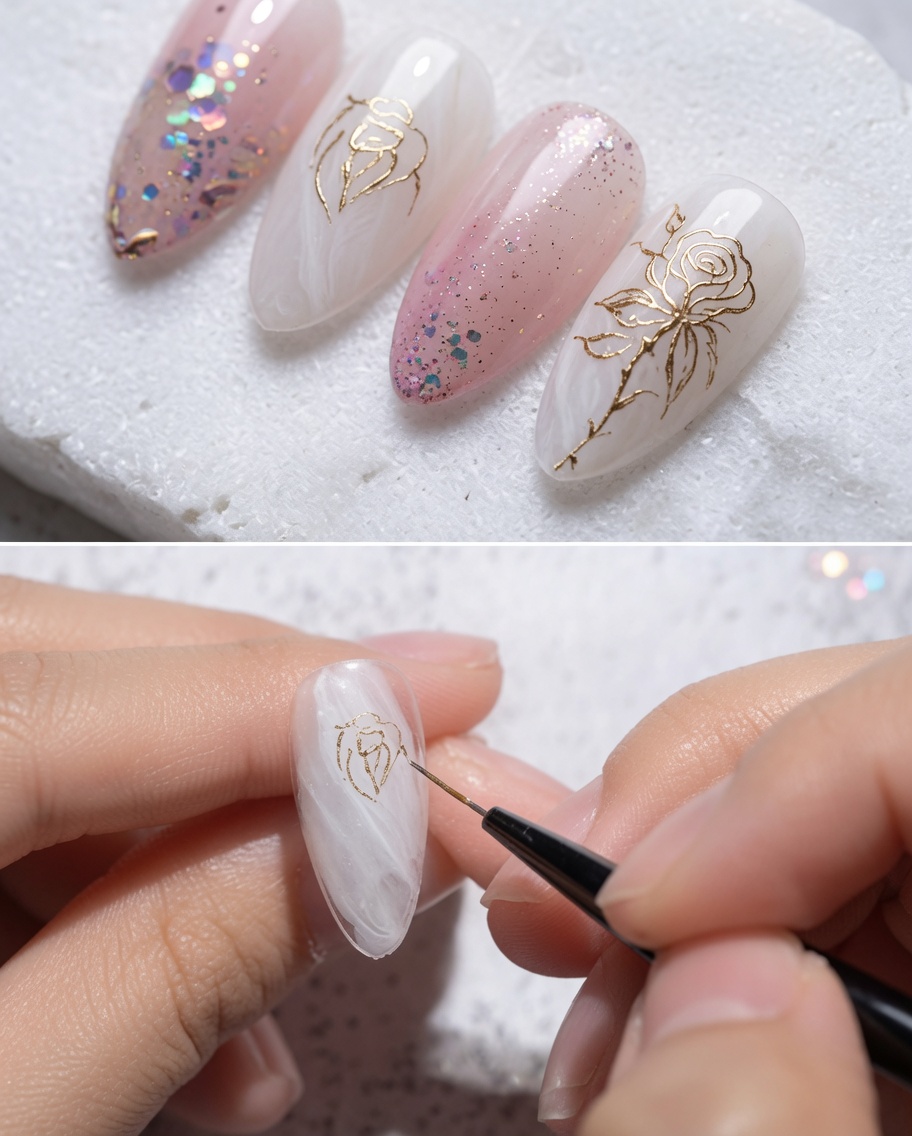 Pincel liner fino creando un pétalo dorado metálico curvado en la parte superior derecha del diseño de rosa.