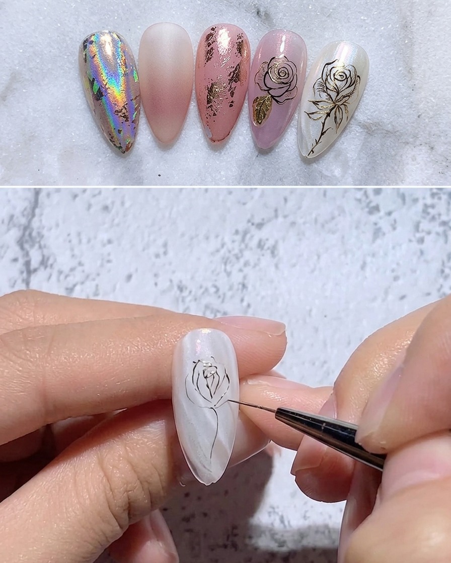 Pincel liner fino pintando una línea dorada horizontal grande y barridora bajo el capullo para formar un pétalo inferior.