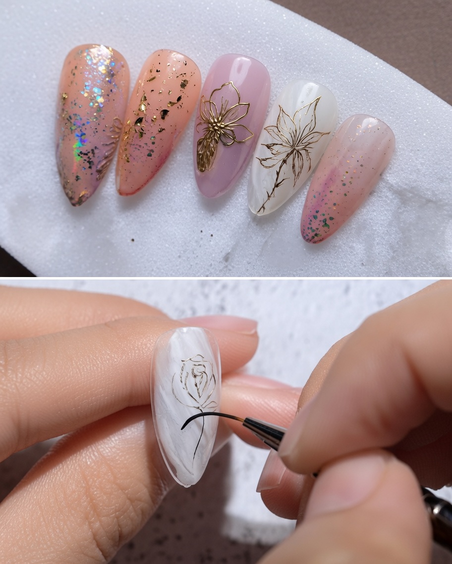 Primer plano de un pincel liner fino dibujando una línea dorada fina y curva que actúa como tallo bajo la rosa pintada.