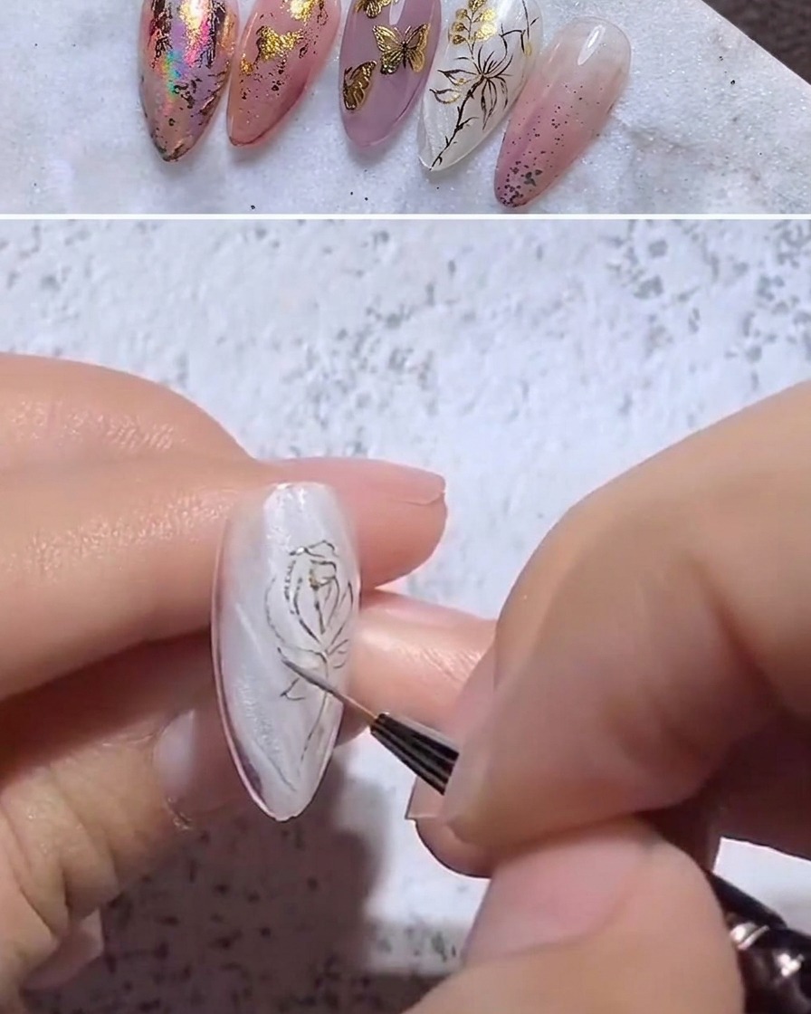 Primer plano de un pincel liner fino pintando una pequeña hoja en punta extendiéndose desde el tallo dorado.