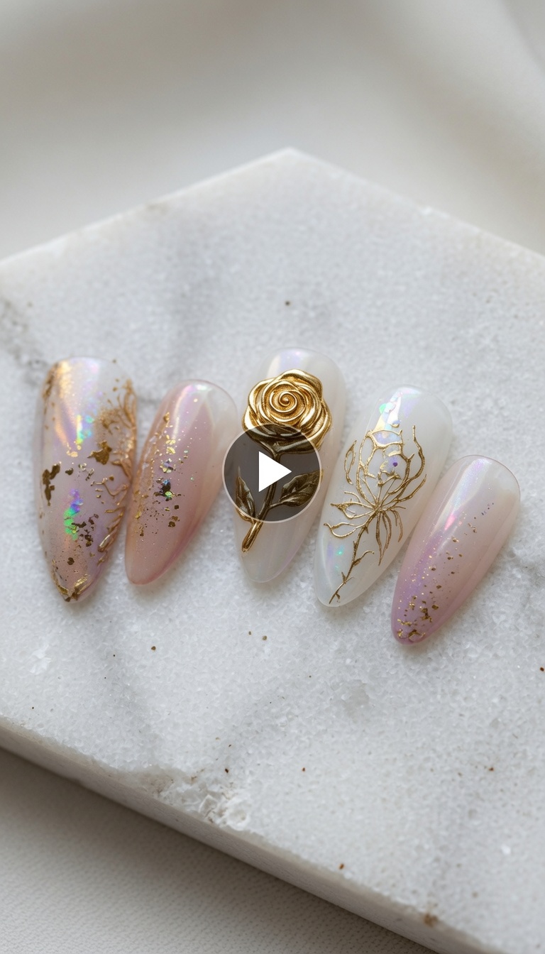 Rosa Metálica Dorada sobre Base Aurora — Tutorial Detallado de Nail Art