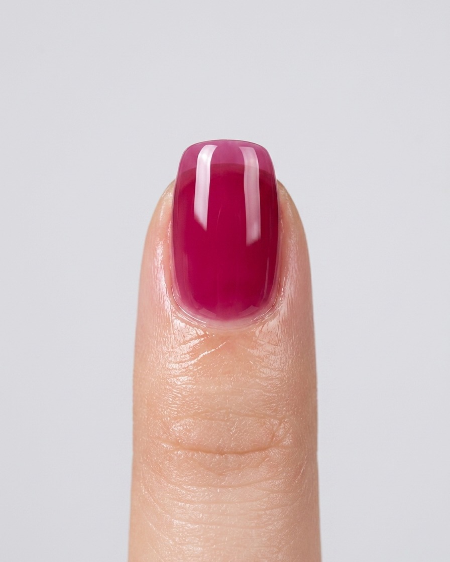 Primer plano de una uña mostrando una segunda capa un poco más vibrante de esmalte jelly rosa.