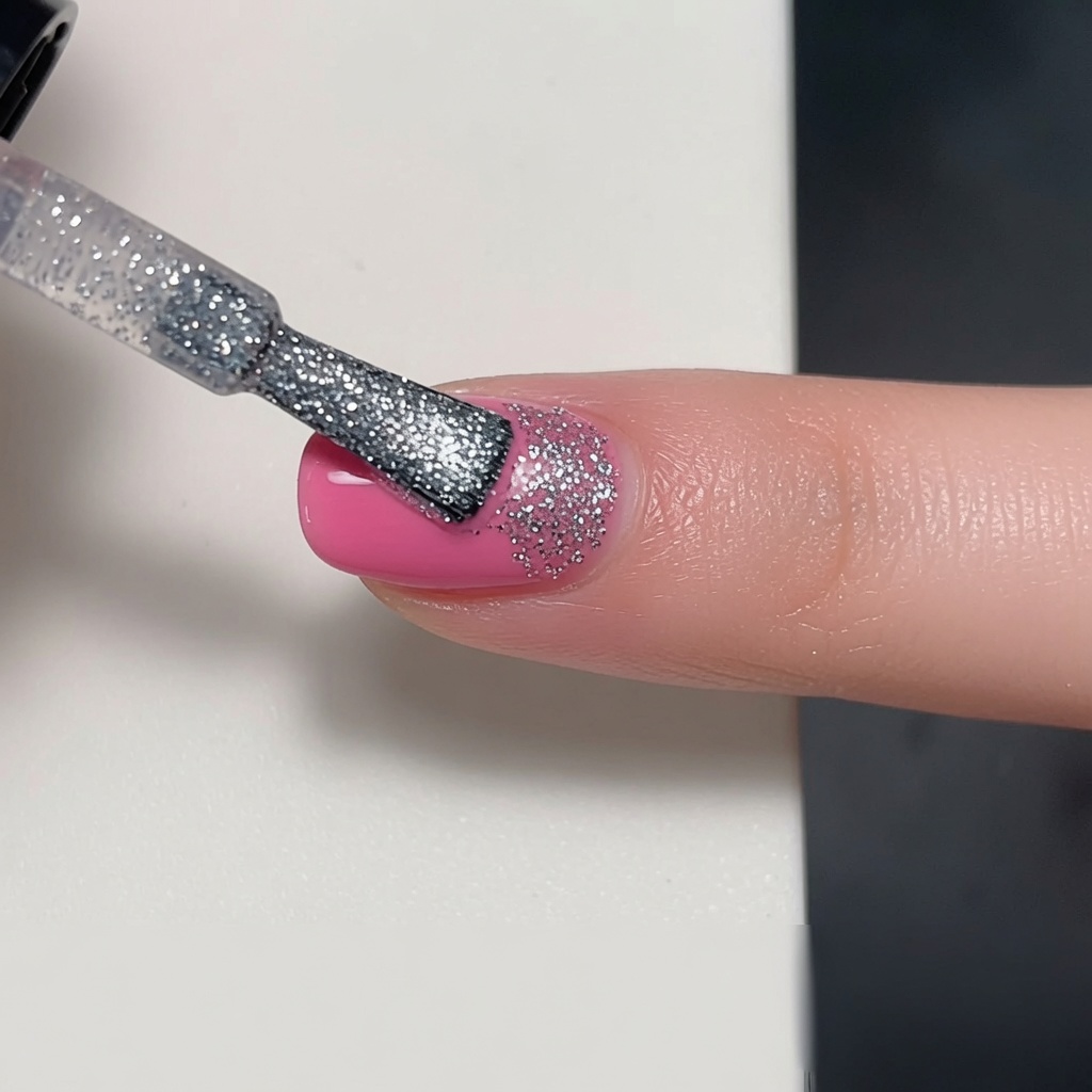 Un pincel aplicando una capa de esmalte de purpurina plateada densa sobre una base de gel rosa en una uña.