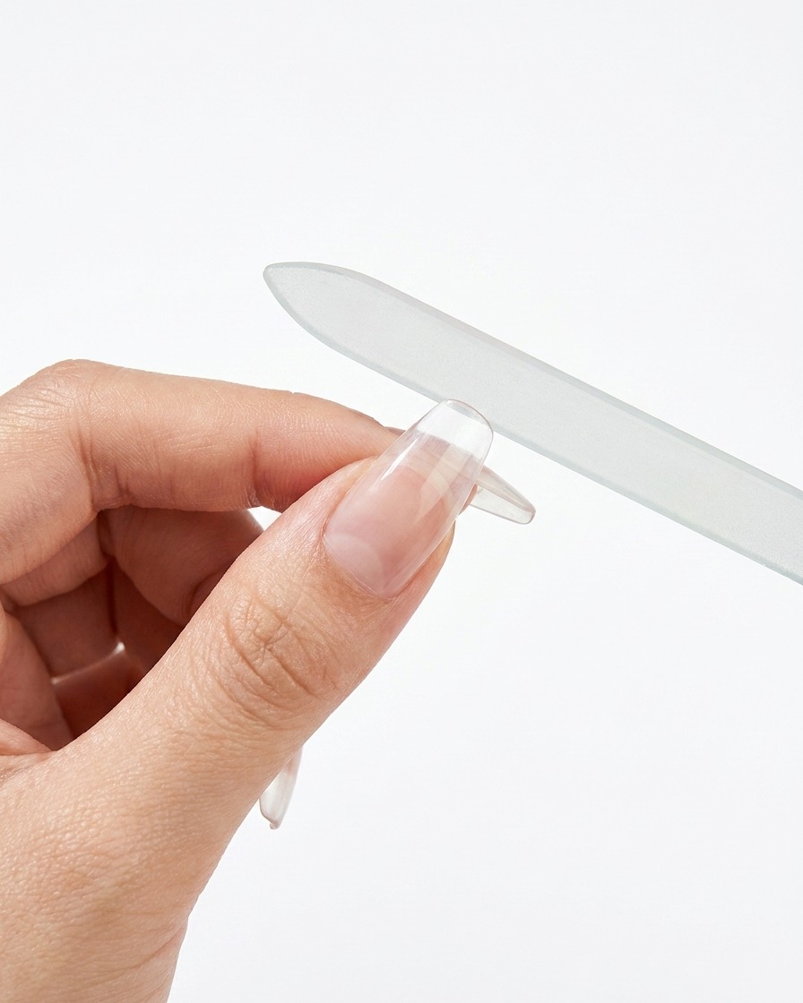 Una mano usando una lima de cristal para suavizar los bordes de un tip transparente y redondeado.