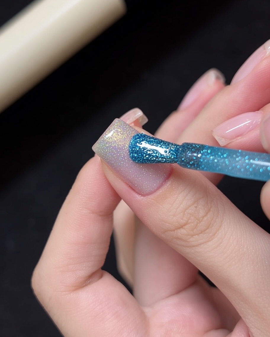 Difuminando el gel azul en la base cat-eye con un pincel liner fino.