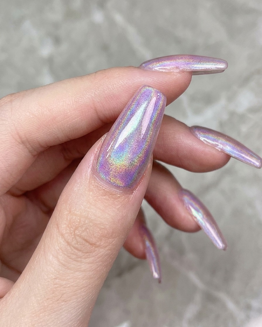 Un pincel de uñas aplicando un top coat transparente sobre la uña pintada con gel rosa.