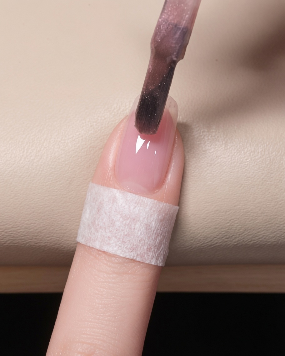 Primer plano de un pincel aplicando una capa fina de esmalte de gel rosa cat eye sobre una uña natural preparada.