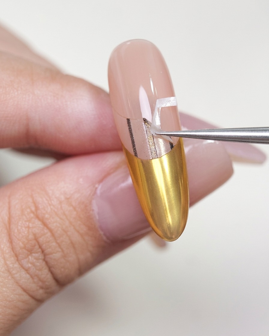 Pinzas retirando con cuidado la pegatina, dejando ver la línea limpia del diseño francés.