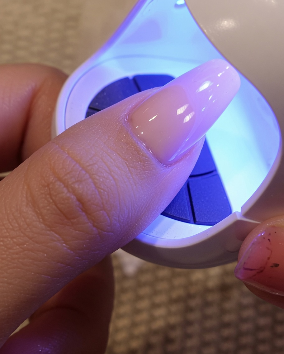 Pincel aplicando un top coat transparente y viscoso sobre la base marrón, dejando un acabado húmedo.