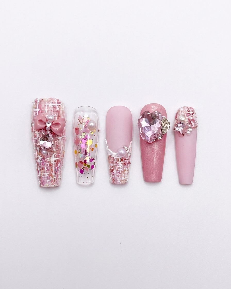 Un pincel aplicando una capa suave de esmalte en gel rosa claro sobre un tip de uña de plástico transparente.