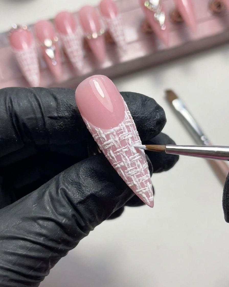 Un primer plano que muestra un pincel aplicando un borde blanco elevado y limpio de gel relieve a lo largo de la línea de la sonrisa de una manicura francesa.