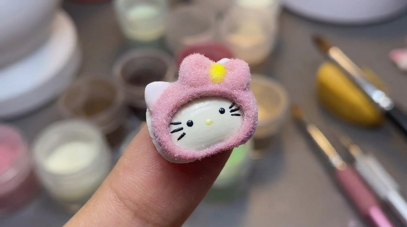 Diseño de uñas Hello Kitty con efecto terciopelo — Tutorial 3D paso a paso
