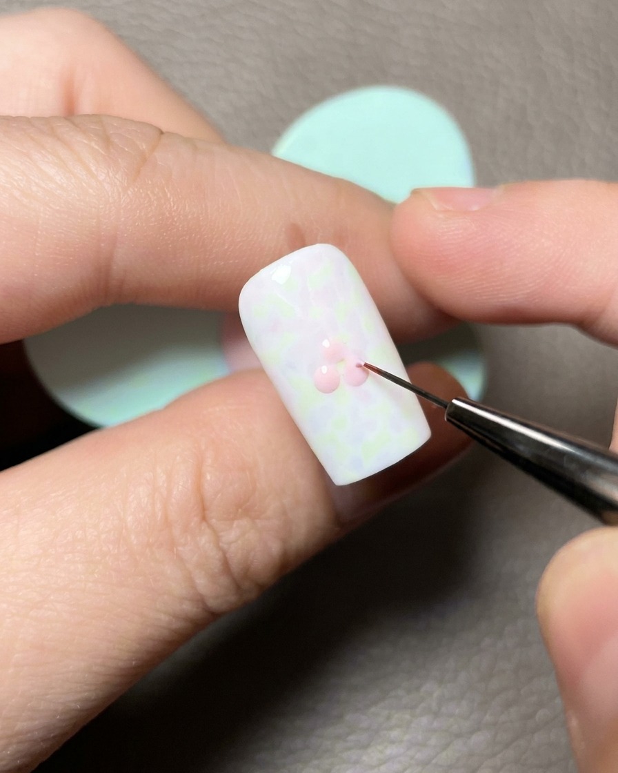 Un pincel delineador fino uniendo los puntos de gel rosa sobre la uña para crear una forma de corazón.