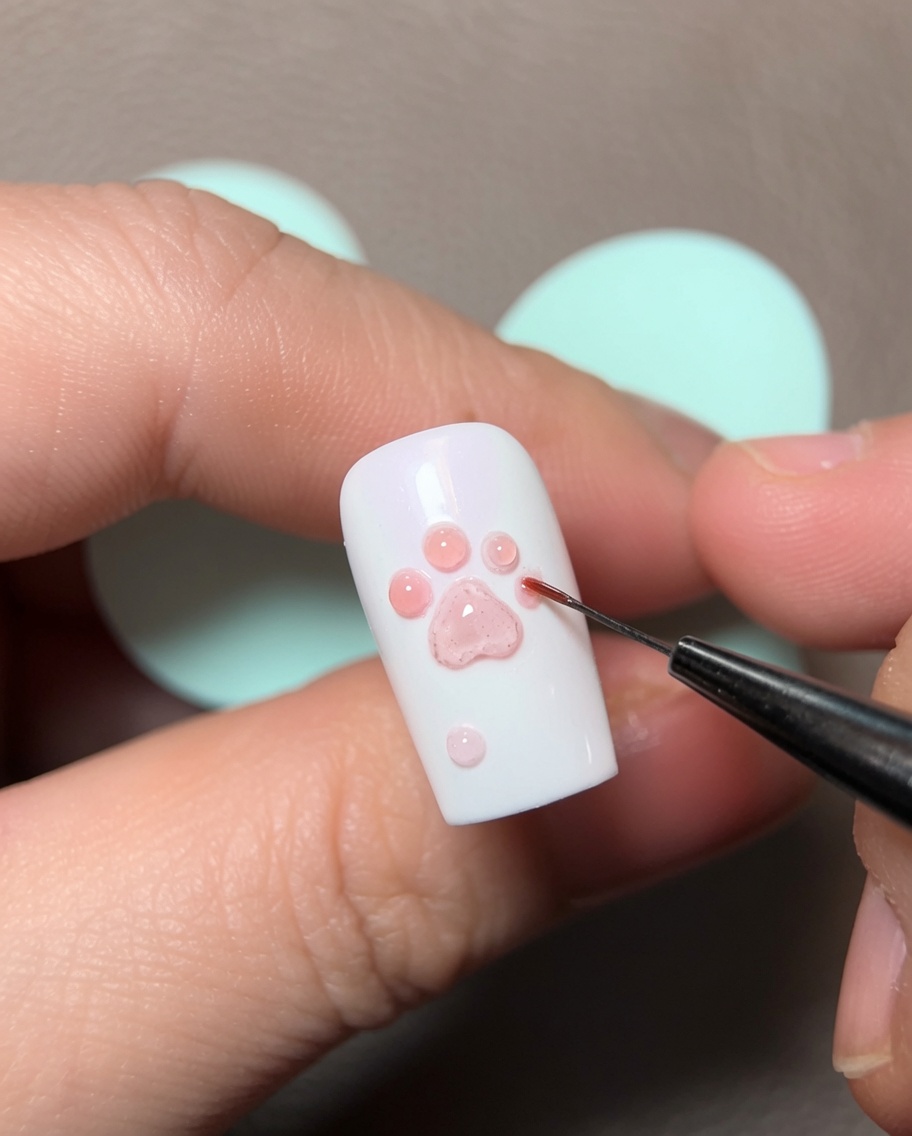 Un pincel delineador fino dando forma a los bordes de una huella de gato de gel rosa 3D.