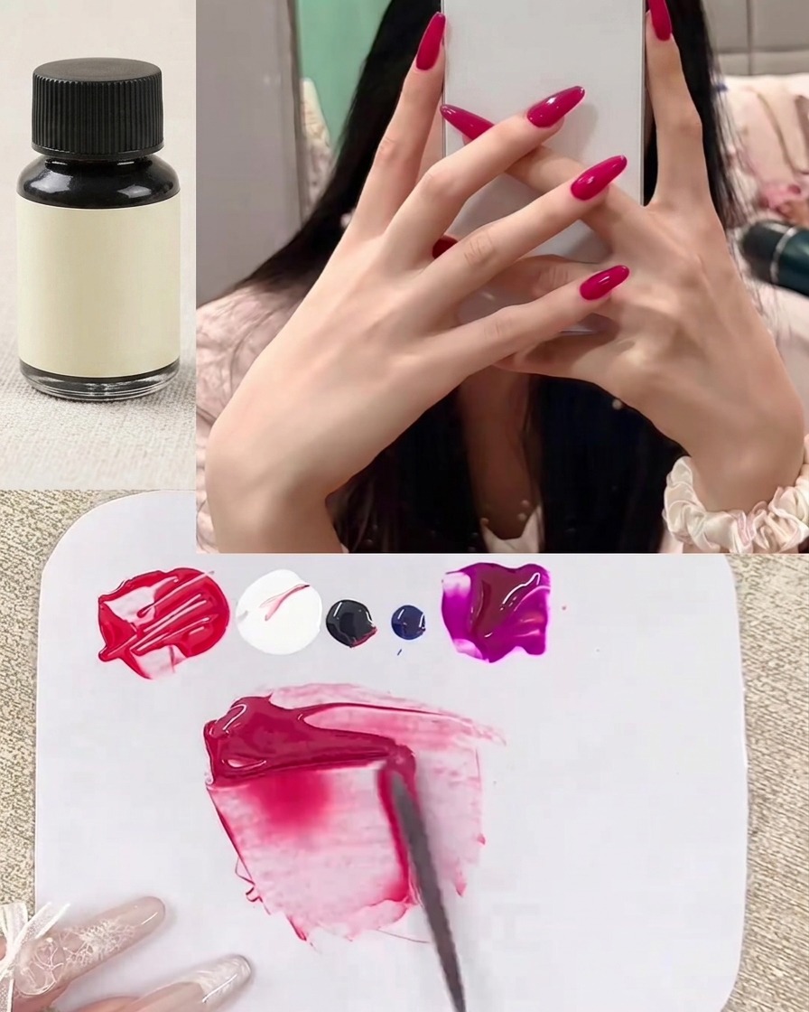 Primer plano de una espátula mezclando una pequeña cantidad de pigmento oscuro en el gel rojo en la paleta.