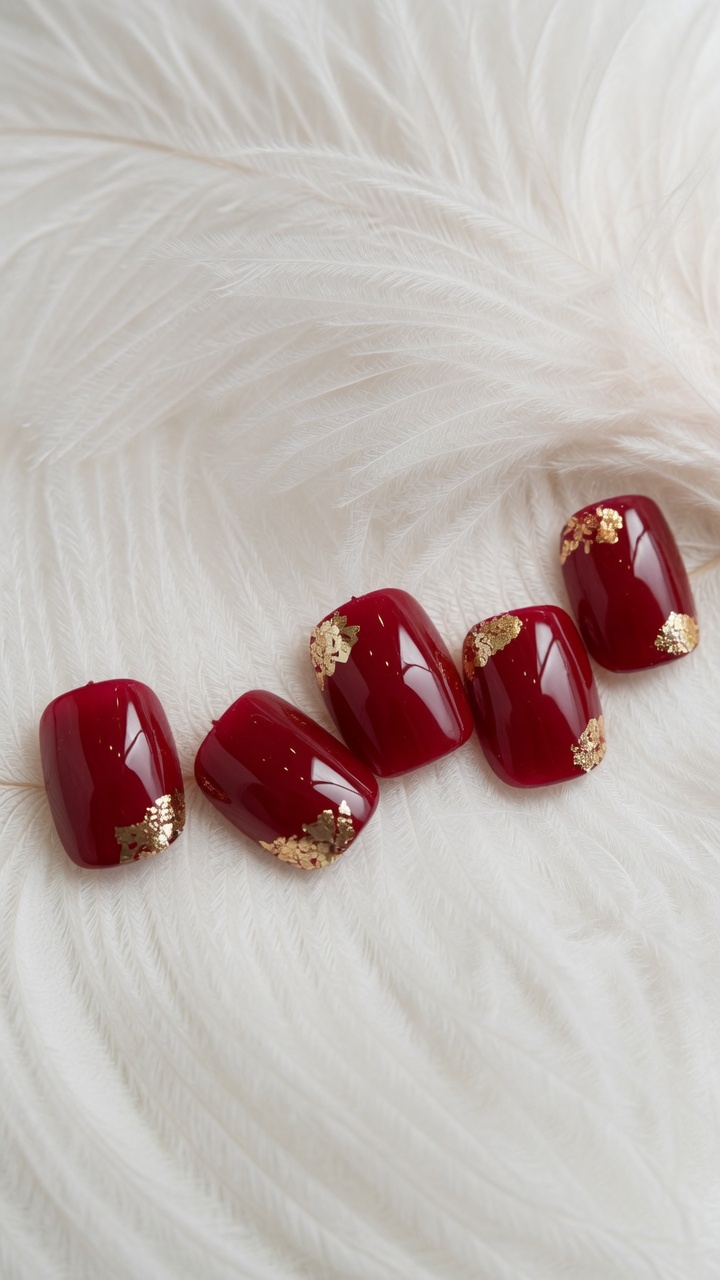 Manicura festiva con esmalte rojo y pan de oro — Tutorial paso a paso