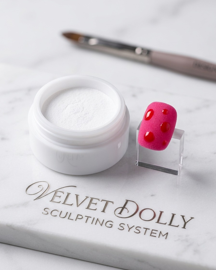 Superficie de una uña rosa texturizada con puntos pequeños y deliberados de gel rojo brillante.