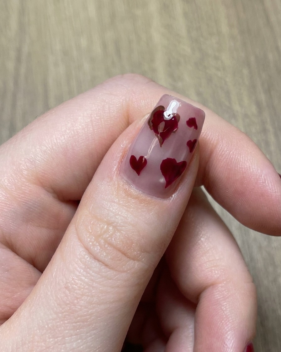 Un pincel de detalle fino dibujando un contorno marrón alrededor de un corazón magenta en la uña.