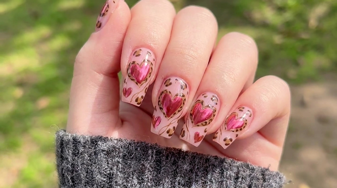 Uñas Cat Eye Rojo Rosa con Corazones y Animal Print de Leopardo — Tutorial Detallado